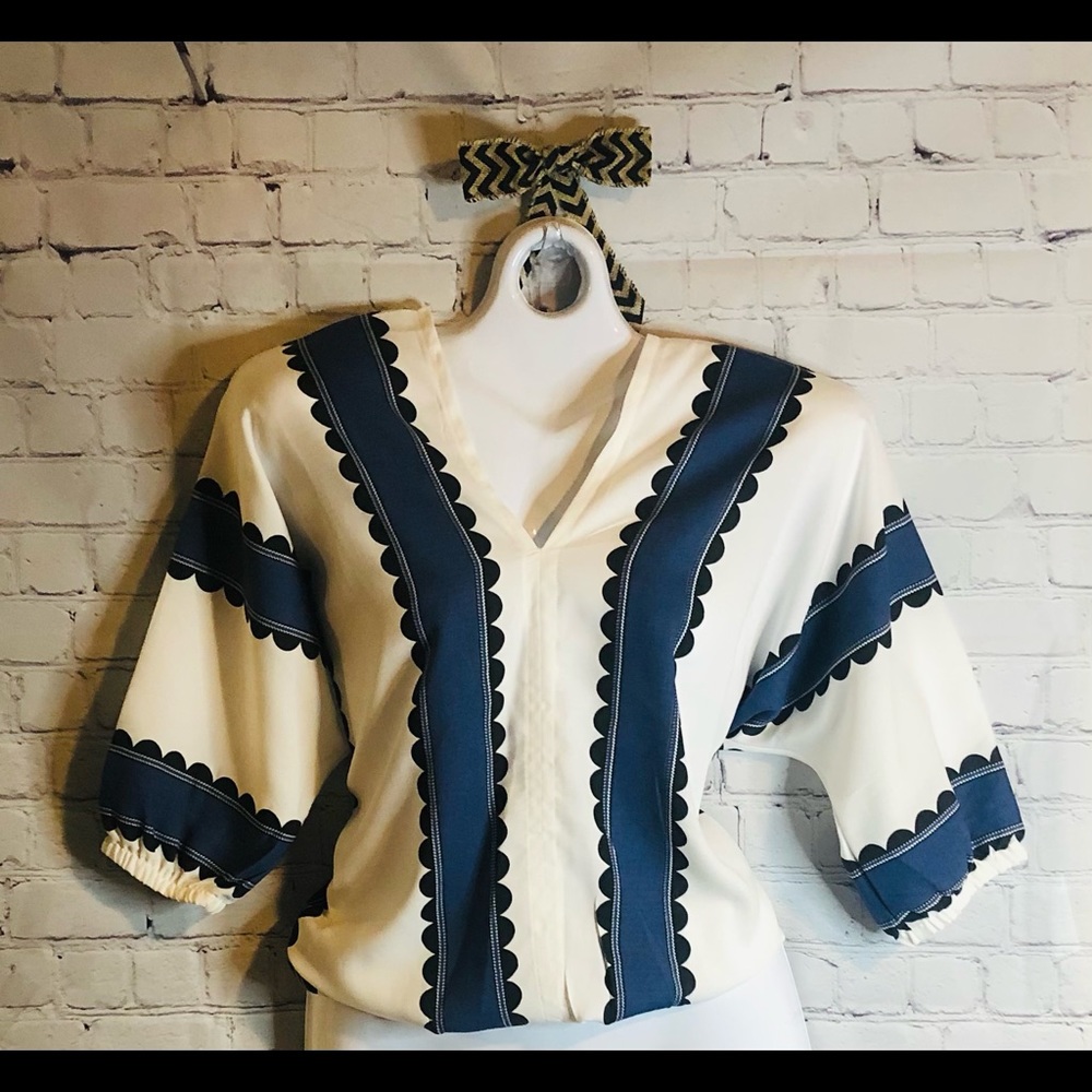 NWOT- Blue Grey & White,  Graphic print blouse- see picture for detail